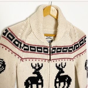 TNA Sea to Sky Cream Deer Motif Wool Zip Cardigan
